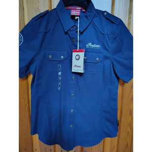 Women’s Small Indian Motorcycle Dealer Button-Up Shirt Blue Short Sleeve NWT
